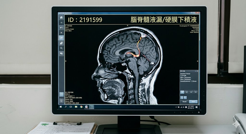 Sagittal MRI showing SIH features — CSF leak, subdural hygroma